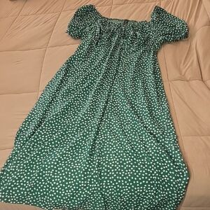 SHEIN Green White Polka Dot Off-Shoulder Midi Dress